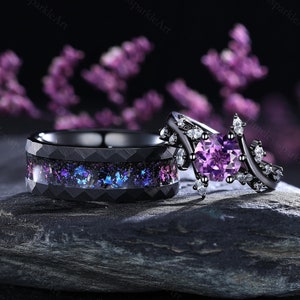 Amethyst Couple Rings Set- Galaxy Amethyst Unique Matching Promise Ring Set His and Hers Great Rift Nebula Wedding Band Handmade Rings