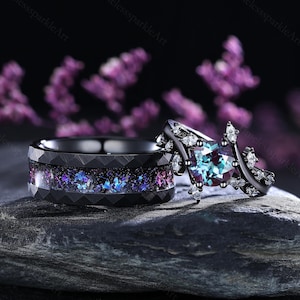 Alexandrite Couple Rings Set- Galaxy Alexandrite Unique Matching Promise Ring Set His and Hers Great Rift Nebula Wedding Band Handmade Rings
