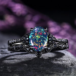 Vintage oval black opal engagement ring set witchy ring bridal set anniversary gifts for her opal wedding ring set bridal promise ring