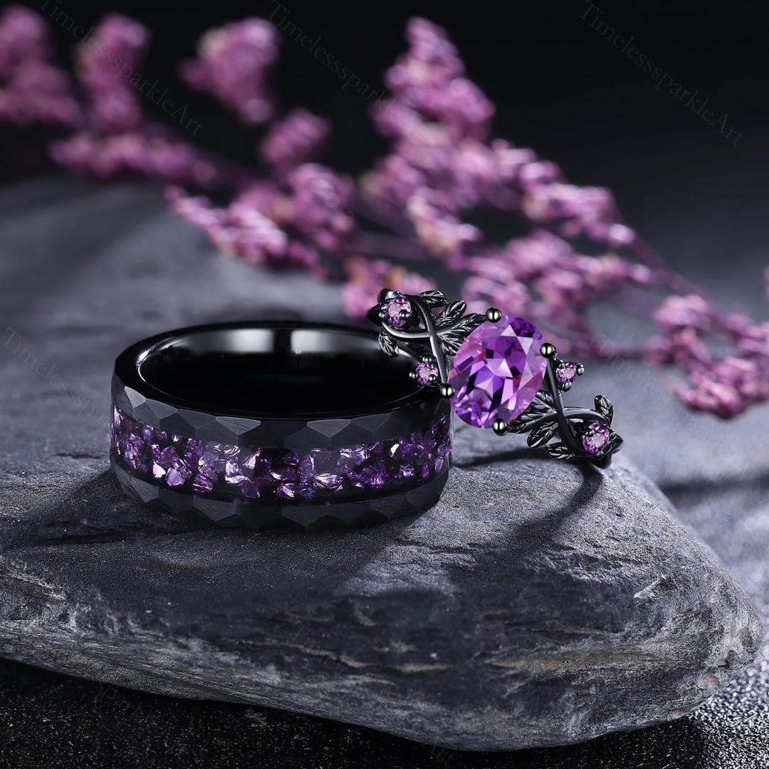 Gothic Amethyst His and Hers Ring Set Amethyst Couples Rings Leaf Ring ...