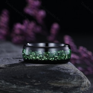 Crushed Emerald Wedding Band Retro Black Gold Tungsten Ring 8mm Men unique wedding band Brushed comfort fit gift for him His custom ring