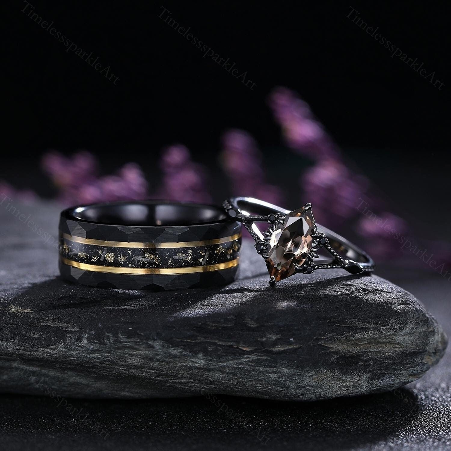 Vintage Marquise Smoky Quartz Couple Ring Set Gothic Black Rings