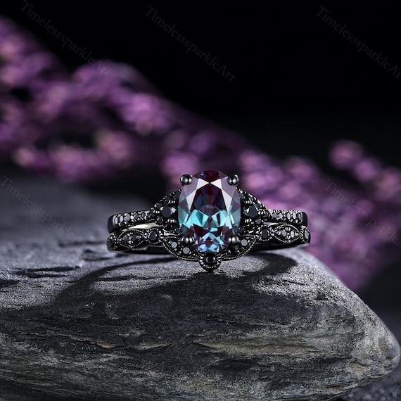 Gothic Oval Cut Alexandrite Engagement Ring Set Witchy Ring Black
