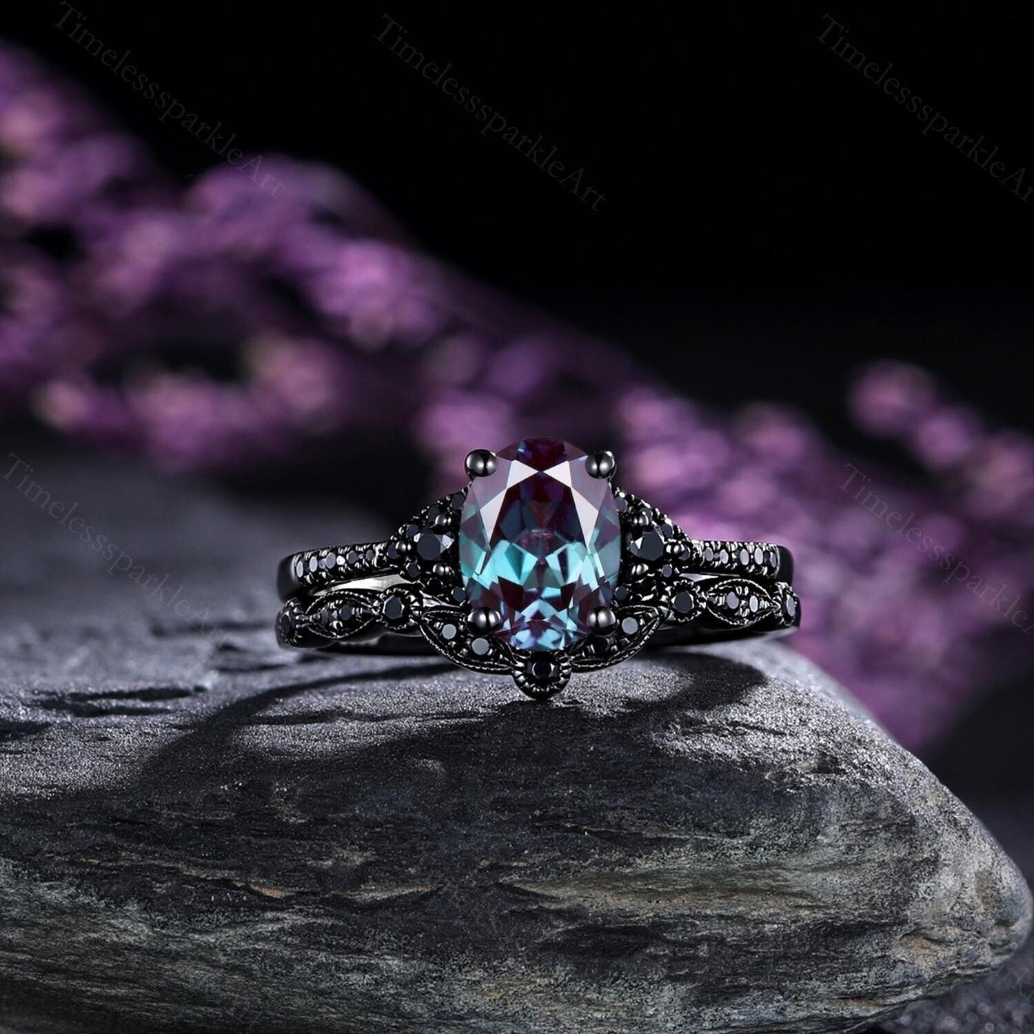 Gothic Oval Cut Alexandrite Engagement Ring Set Witchy Ring Black