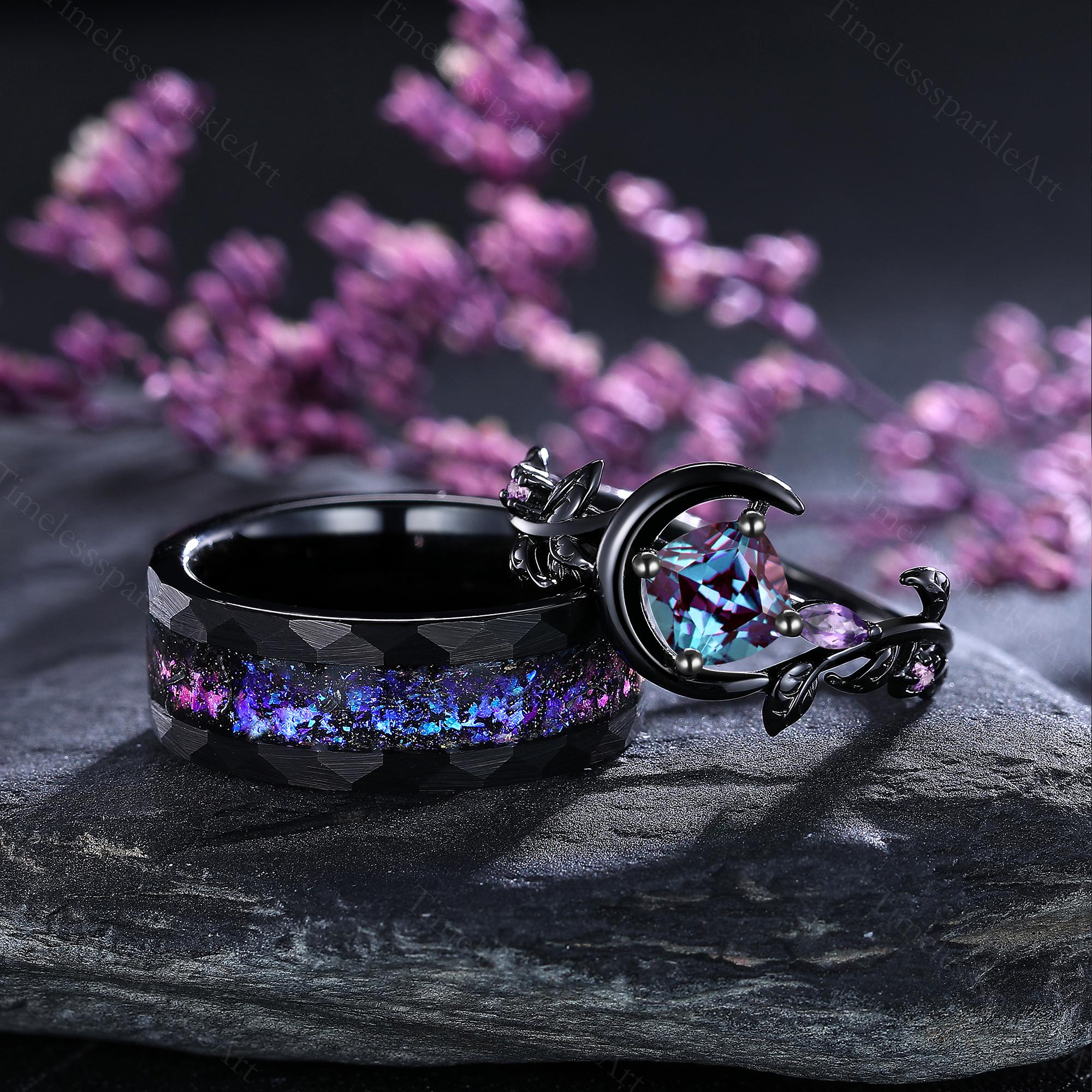 Gothic Cushion Alexandrite Couple Ring Set Crescent Moon Amethyst 