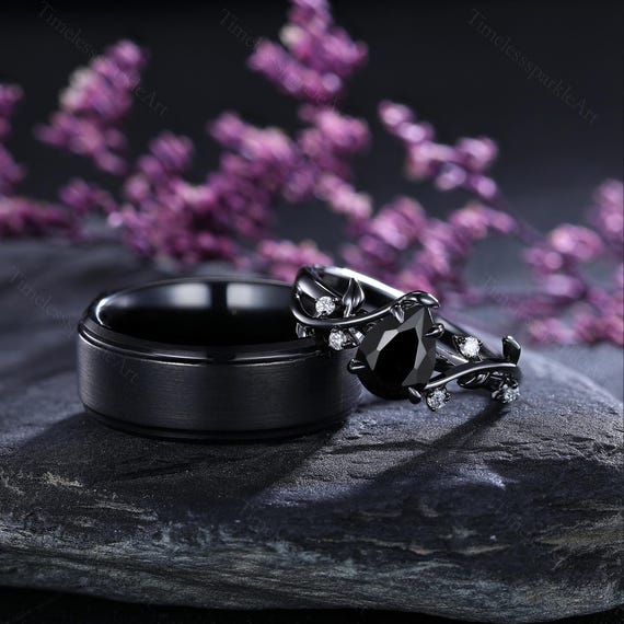 Gothic Black Onyx Tungsten Couple Rings Set Unique Couples