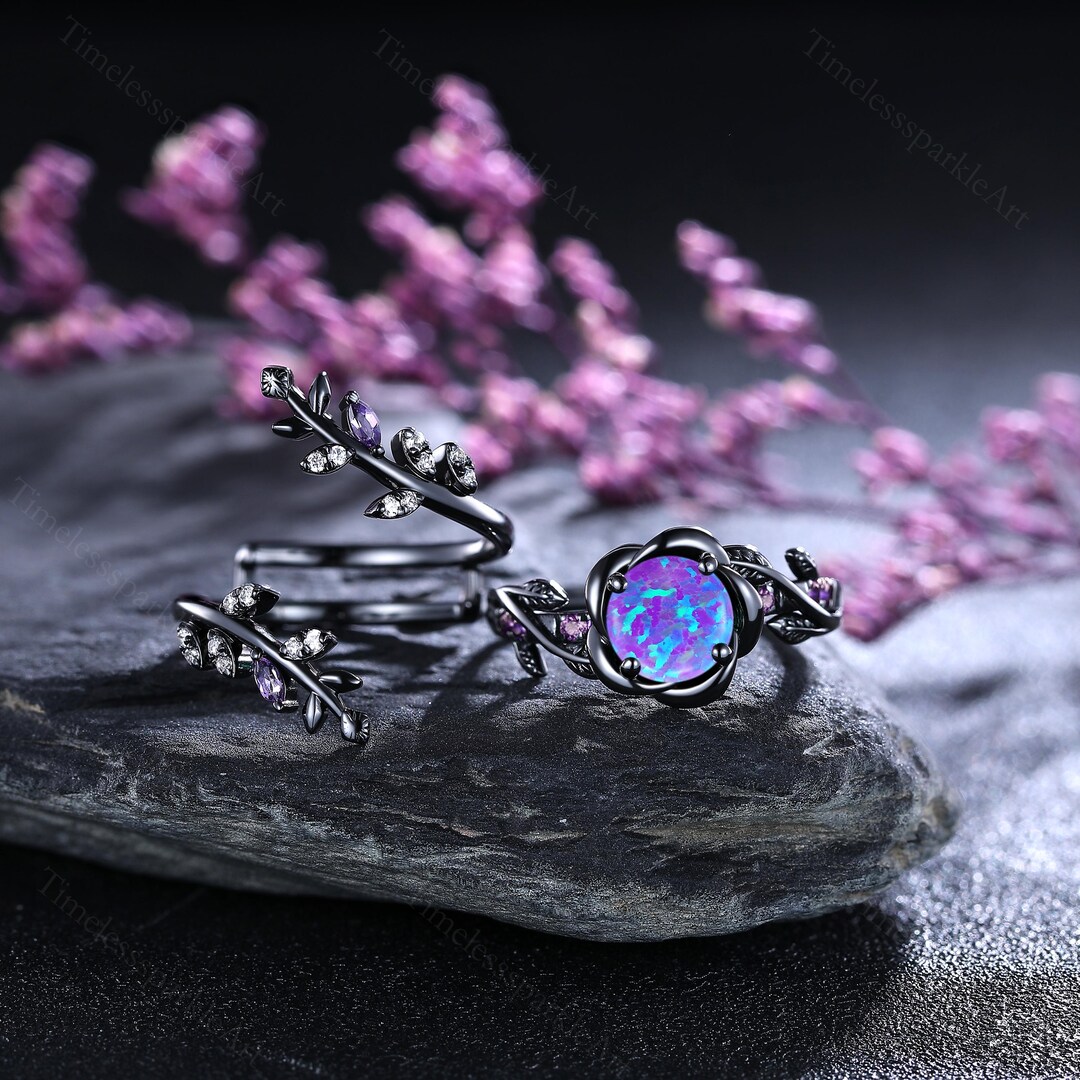 Nature Inspired Round Purple Opal Bridal Set Cluster Promise Ring Black ...