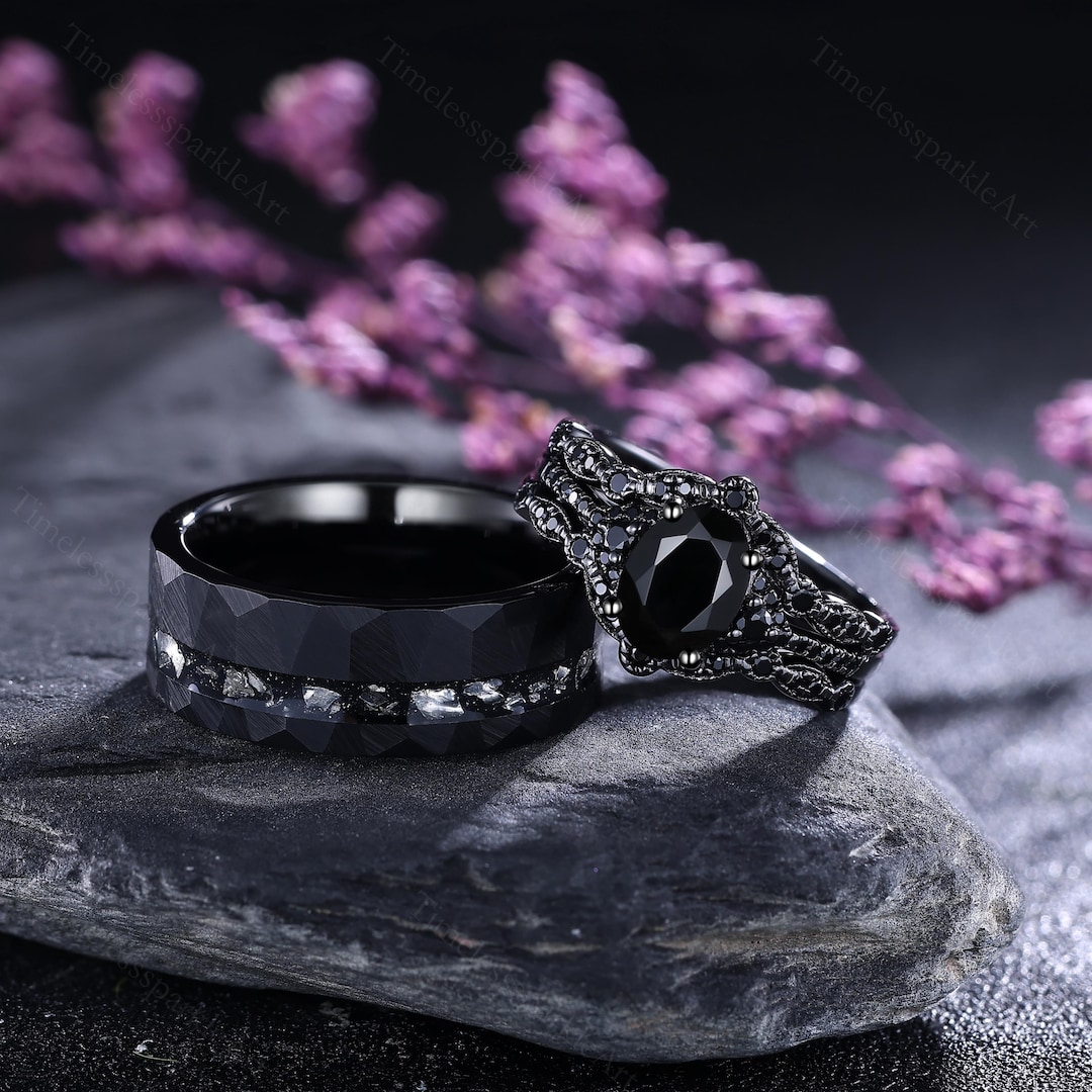 Black Onyx Wedding Ring Sets Gothic Balck Couple Rings His and Hers