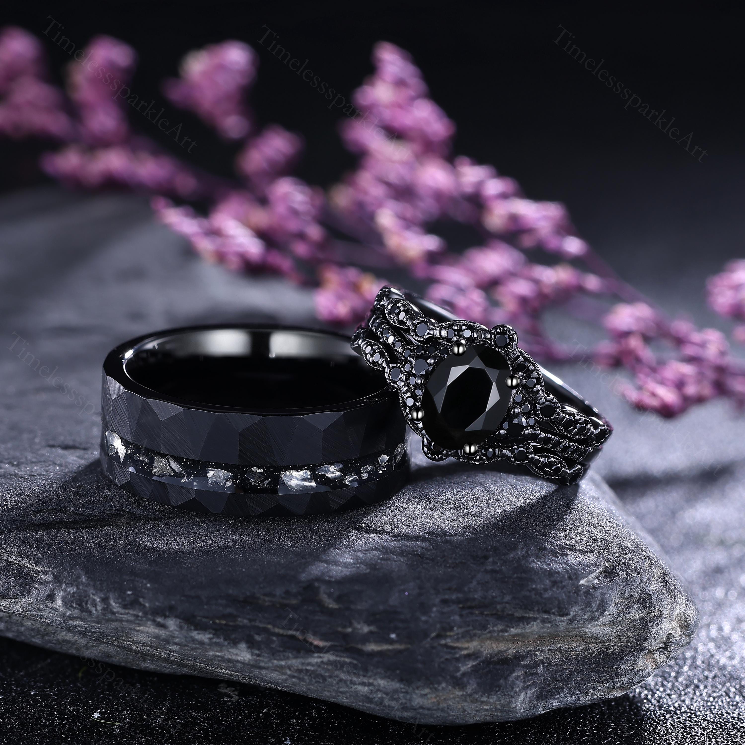 Black Onyx Wedding Ring Sets Gothic Balck Couple Rings His and