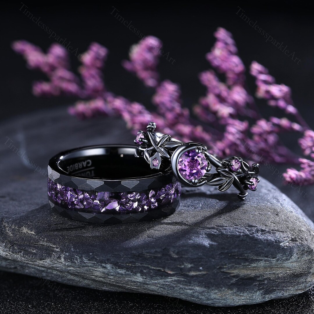 Gothic Amethyst Couple Rings His and Hers Ring Set Vintage Amethyst ...