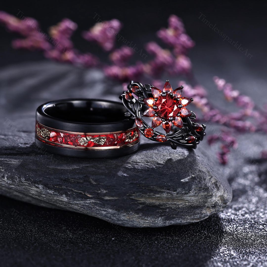 Flower Fireworks Cut Garnet Couple Ring Set Unique Leaf Design ...
