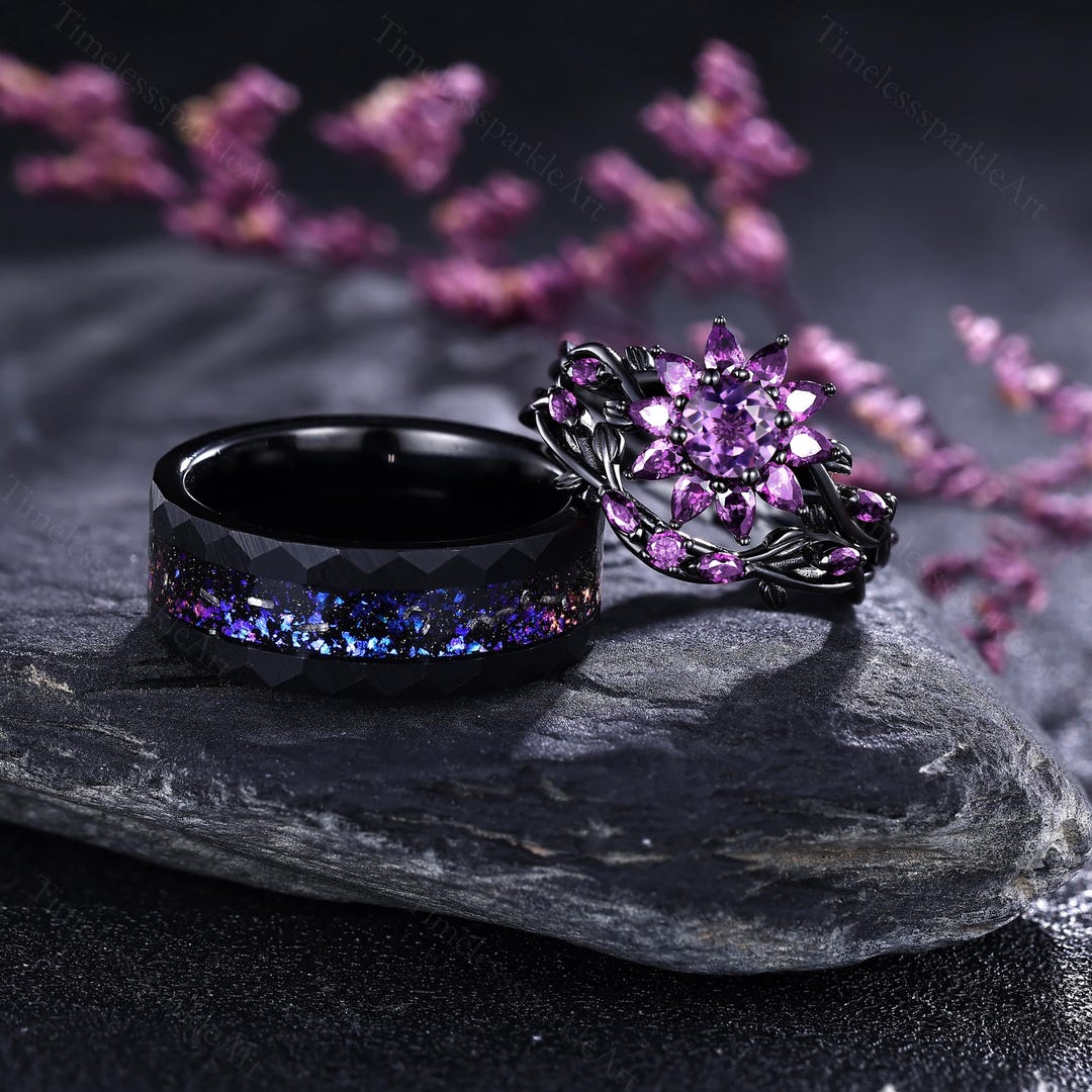 Gothic Amethyst Couple Rings Flower Design Engagement Ring His and Hers ...