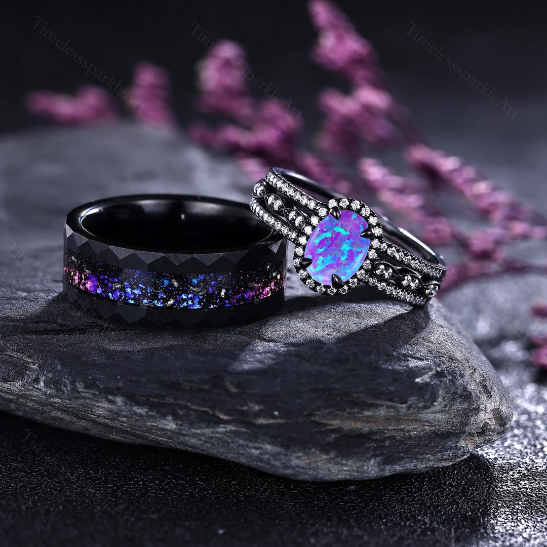 Gothic Black Gold Purple Opal Couple Rings Set Lavender Opal Couples ...