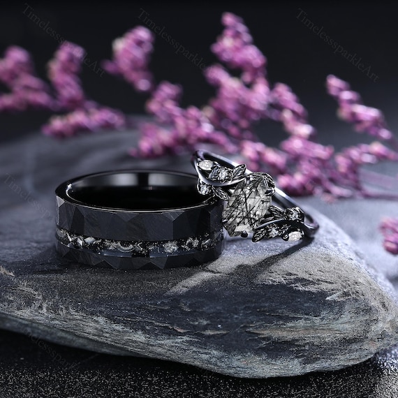 Set di anelli per coppie vintage in quarzo rutilato nero, fedi