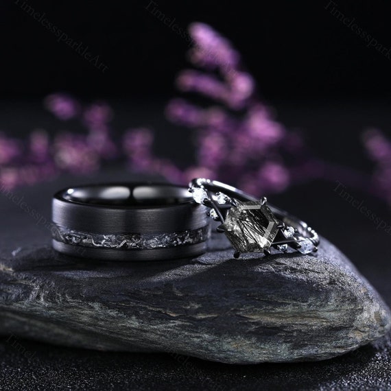 Hexagon Black Rutilated Quartz Engagement Ring Black Gold His and