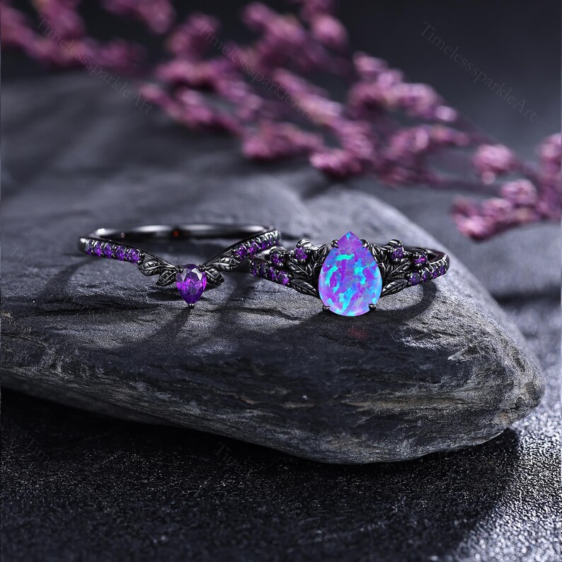 Pear Purple Opal Wedding Ring Set Black Gold Leaf Cluster Rings ...