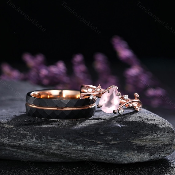 His and Hers Wedding Band Romantic Rose Quartz Couples Ring Rose