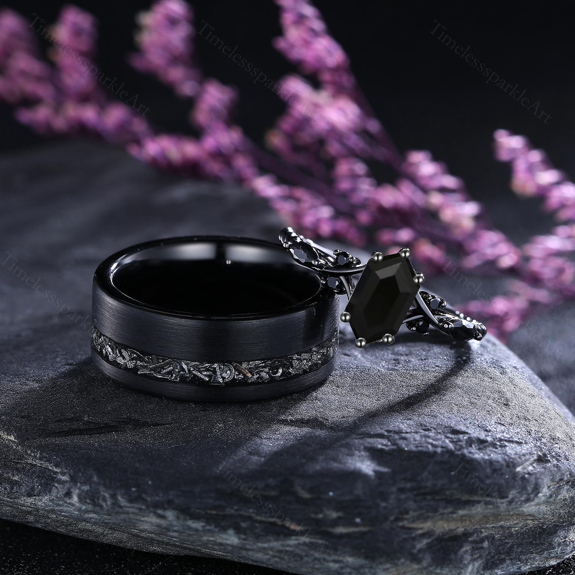 ☆美品☆巨大ブラックオニキス 多面体カットリング ゴシック六角形ブラックオニキスカップルリング、彼と彼女の結婚指輪