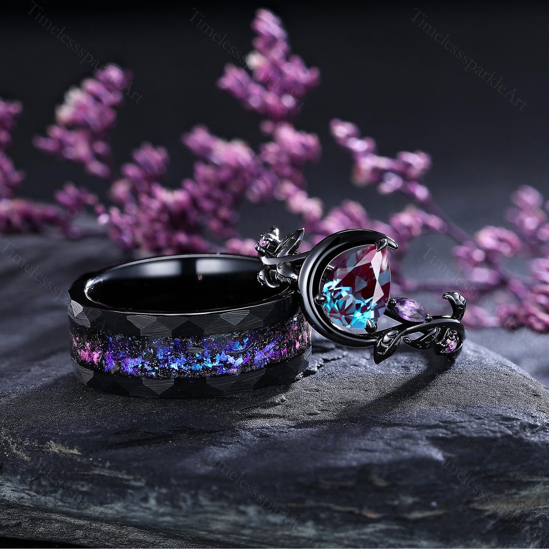 Gothic Alexandrite & Amethyst Wedding Ring Set Black Tungsten Meteorite ...