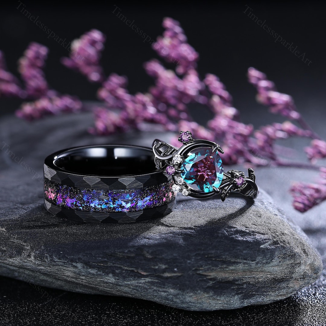 Gothic Alexandrite Couple Ring Heart Alexandrite Engagement Ring