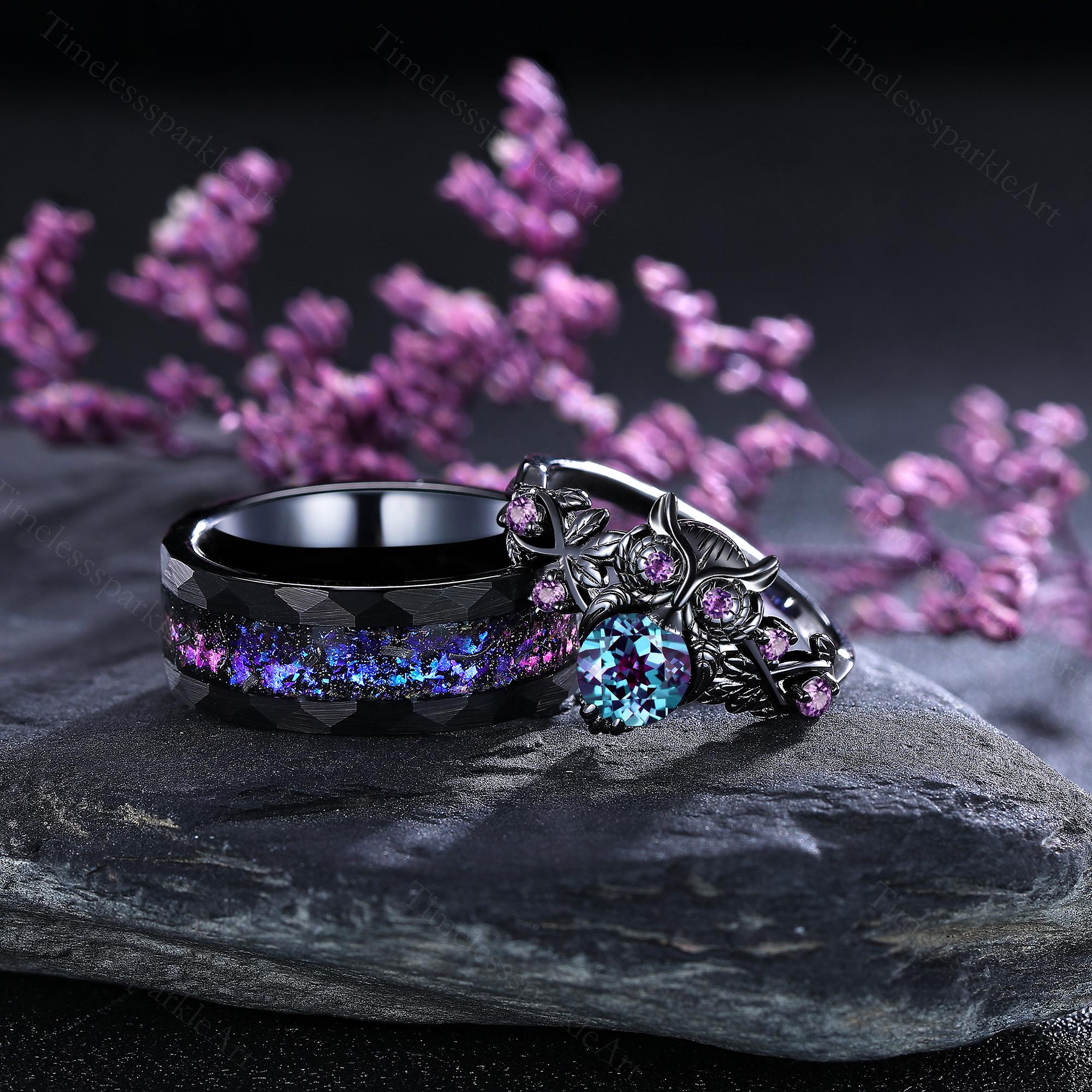 Vintage Alexandrite Wedding Ring Set Owl Ring Gothic Black Gold Engagement Ring Blue Tungsten Band N