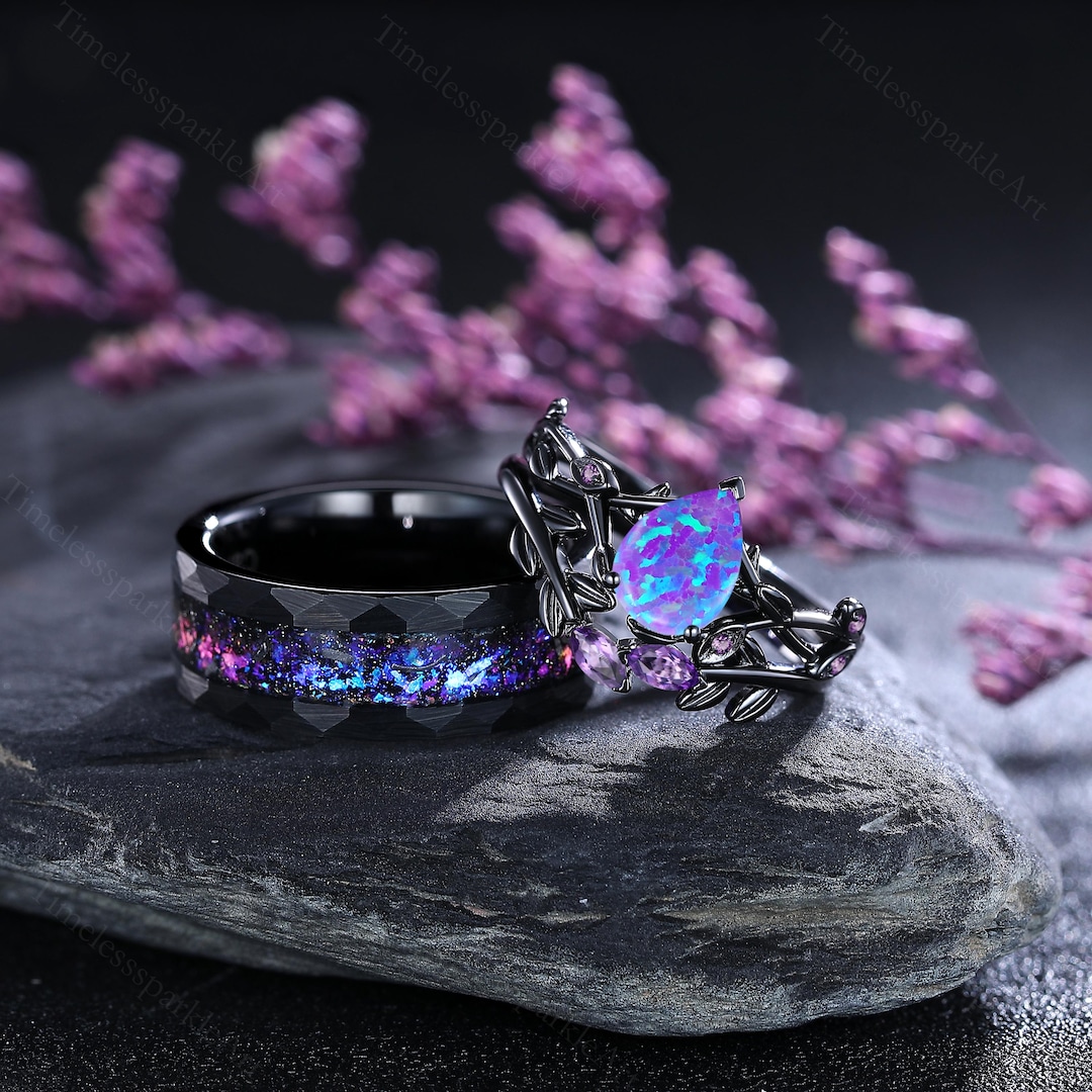 Vintage Pear Lavender Purple Opal Couples Ring Set 3PC Purple Opal ...
