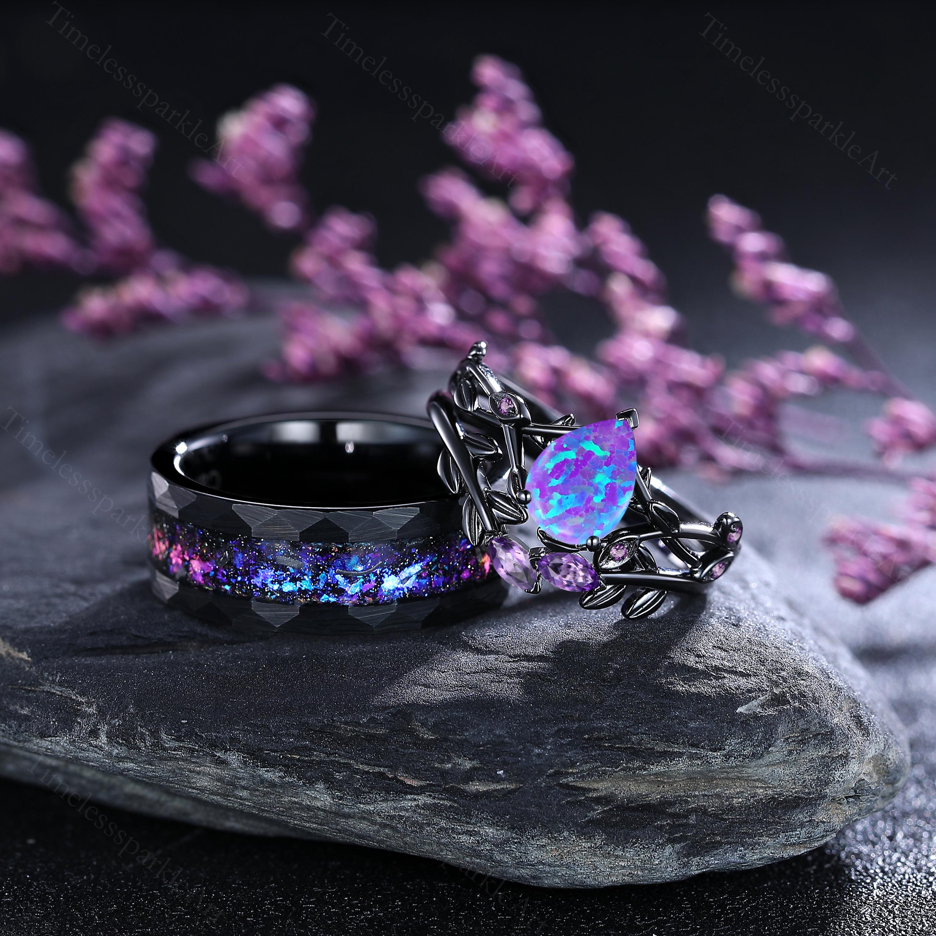 Vintage Pear Lavender Purple Opal Couples Ring Set 3PC Purple Opal Engagement Rings His and Hers Wedding Band Leaf Rings Bridal Promise Ring