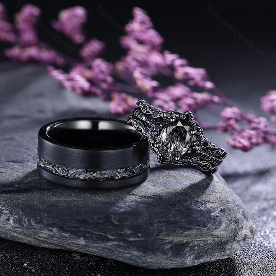 Black Rutilated Quartz Wedding Ring Sets Gothic Balck Couple Rings
