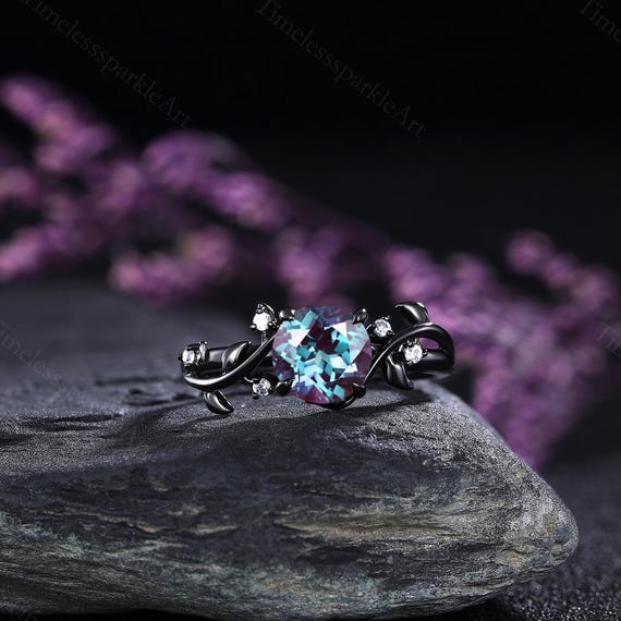 Vintage Alexandrite Couple Rings Black Gold Matching Ring Set