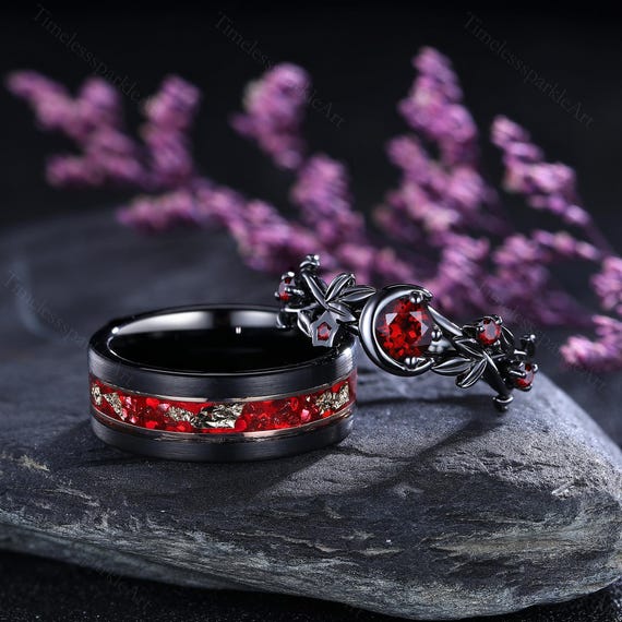 Gothic Black Gold Garnet Couple Rings Set Red Gem Promise Ring His