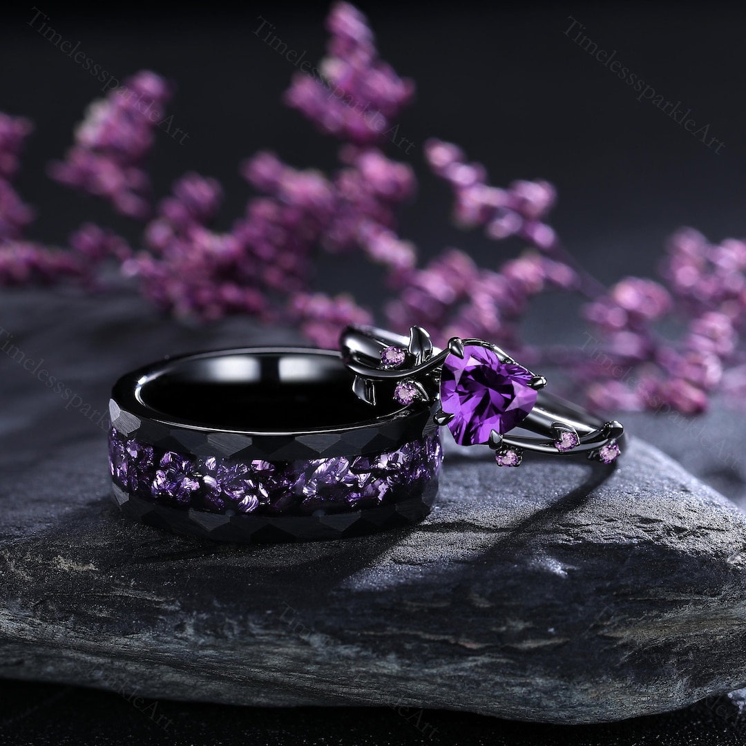 Unique Heart Amethyst Couple Rings Gothic His and Hers Wedding Band ...