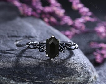 ゴシック六角形ブラックオニキスカップルリング、彼と彼女の結婚指輪
