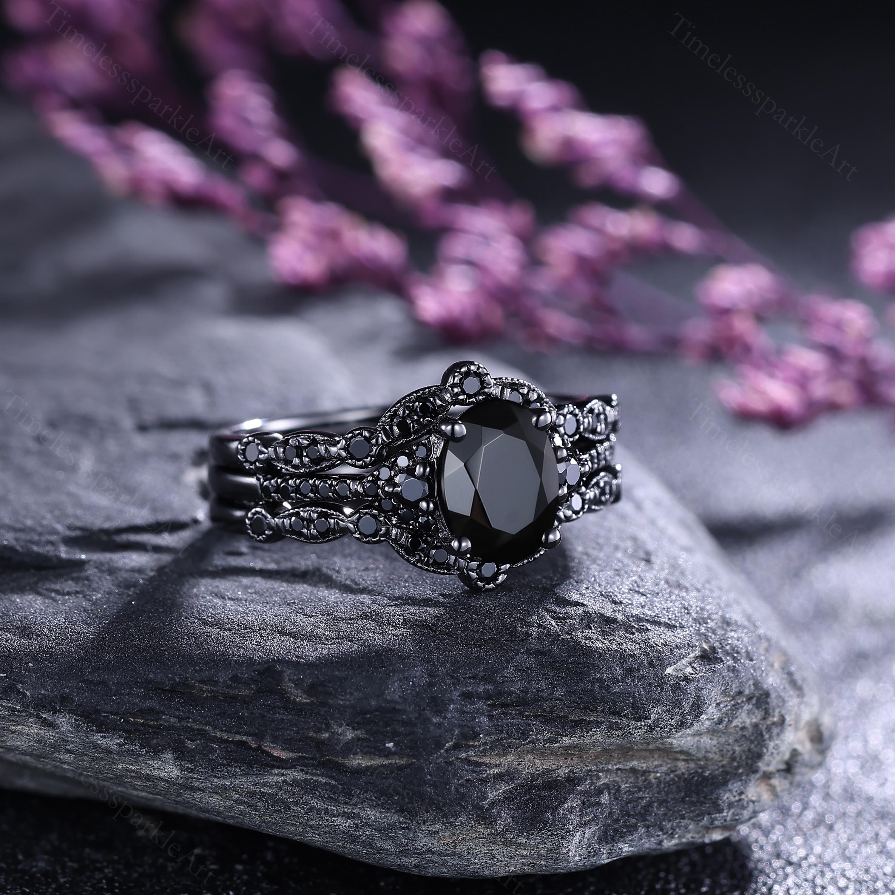 アスティエ　クリスマスオーナメント　ENGAGEMENT RING BLACK 3PCS Gothic Black Onyx Engagement Ring Set Black Onyx Stacking