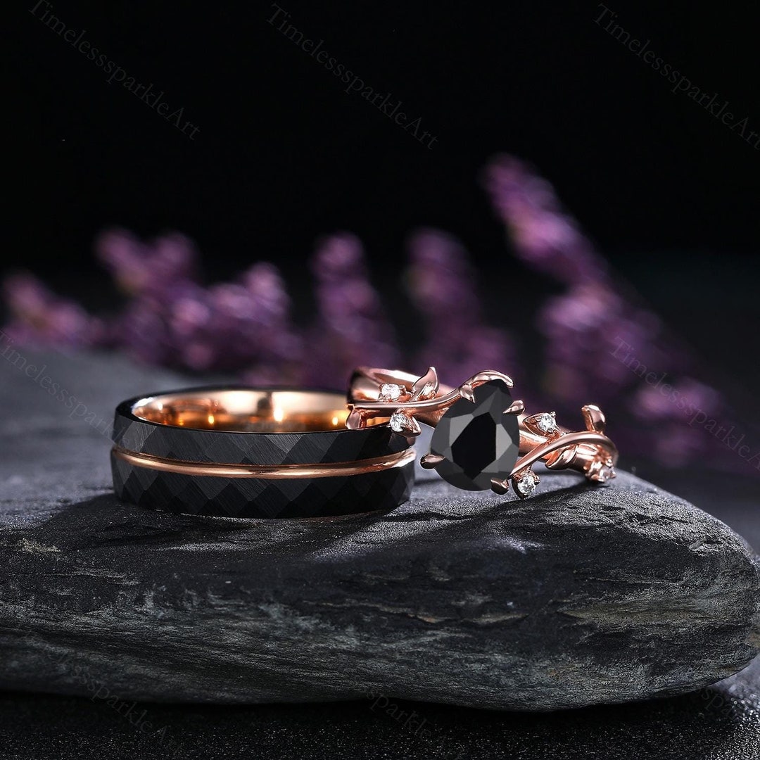 Black Onyx Couple Ring Set Gothic Couple Ring His and Hers Wedding