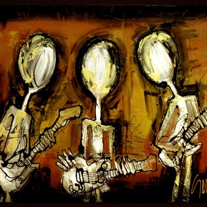May include: Abstract painting of three figures playing guitars. The figures are painted in white and black against a yellow background. The painting has a textured, brushstroke style.