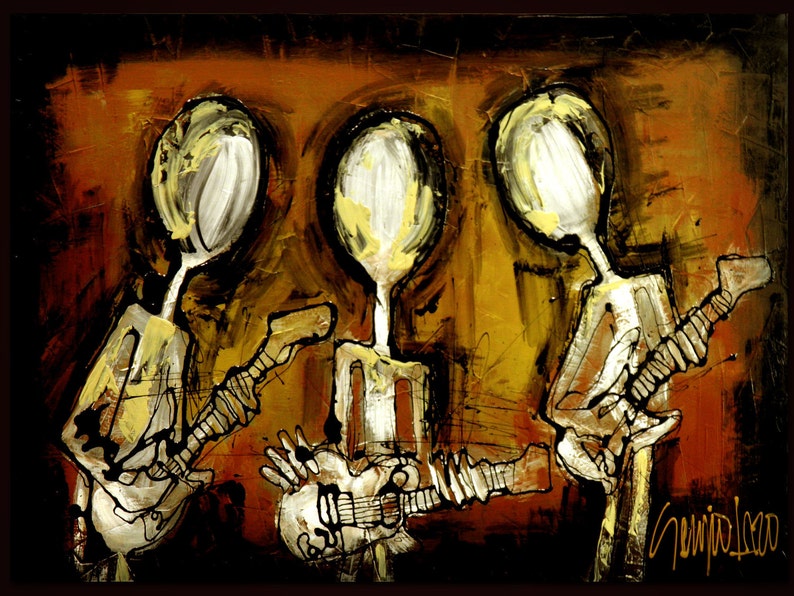 May include: Abstract painting of three figures playing guitars. The figures are painted in white and black against a yellow background. The painting has a textured, brushstroke style.