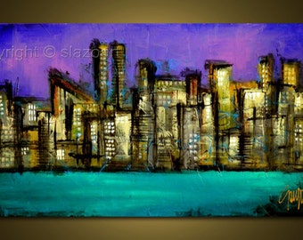 Original Cityscape Acrylic Painting on Canvas, 24x48, Modern Abstract Art