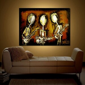 May include: Abstract painting depicting three figures playing guitars. The figures are stylised and have large heads. The background is a warm brown colour with hints of orange and yellow. The painting is signed "Jimisola" in the bottom right corner.