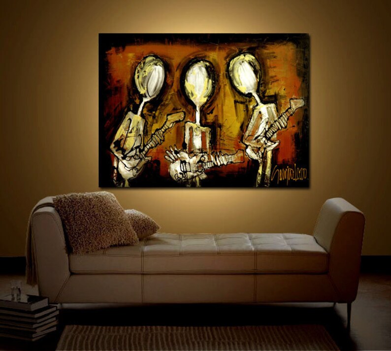May include: Abstract painting depicting three figures playing guitars. The figures are stylised and have large heads. The background is a warm brown colour with hints of orange and yellow. The painting is signed "Jimisola" in the bottom right corner.