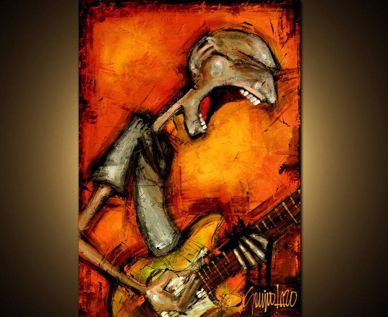 May include: Abstract painting of a person playing a yellow electric guitar with a red, orange, and brown background. The person is depicted with a stylized, exaggerated expression.