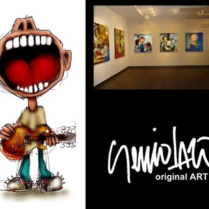 May include: A cartoon illustration of a person with a large mouth singing while holding a guitar. The background shows a gallery with paintings on the walls. The signature "gniolaw original ART" is visible in the bottom right corner.