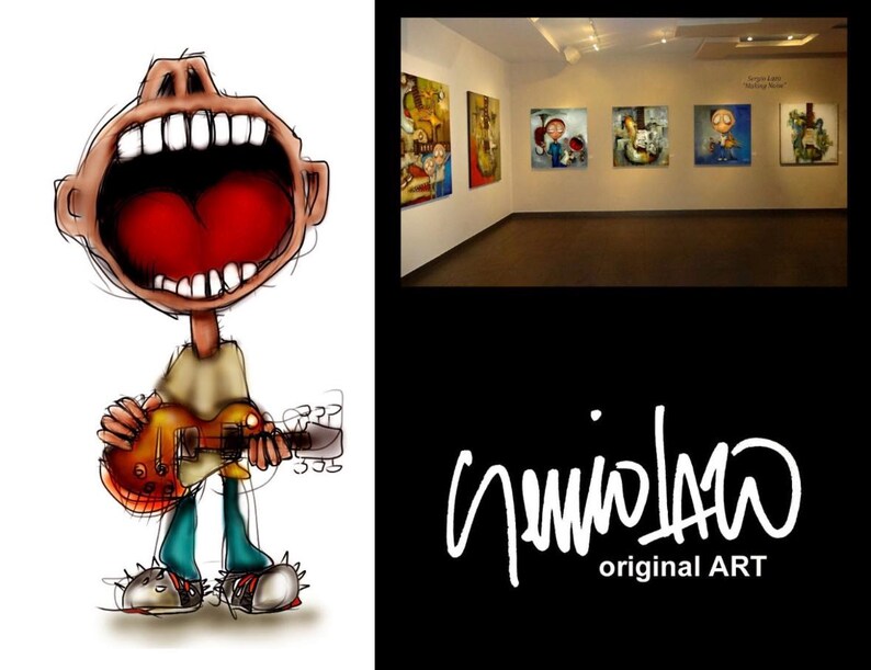 May include: A cartoon illustration of a person with a large mouth singing while holding a guitar. The background shows a gallery with paintings on the walls. The signature "gniolaw original ART" is visible in the bottom right corner.