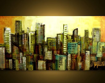 Original Cityscape Painting On Canvas, Modern Abstract Wall Art (24x48)