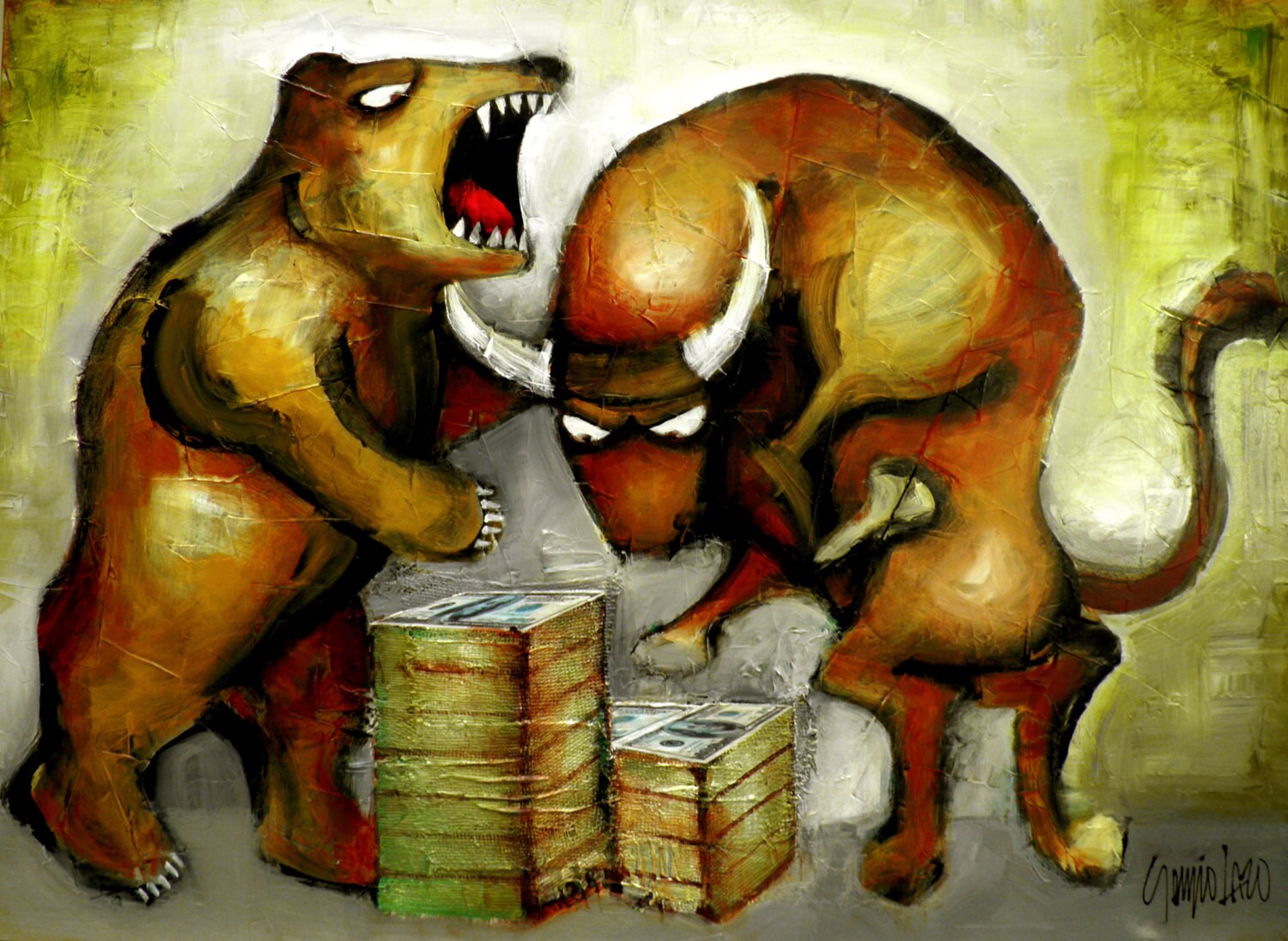 Original Bear and Bull Painting Wall Street Stock Market Modern