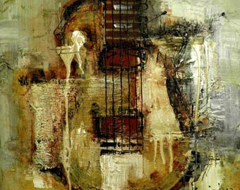 Guitar Abstract Painting, Original Modern Art on Canvas (20x20)