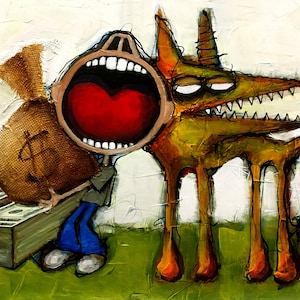 Made to Order - Money - Dollar Bills - Screaming - Dog Lover - Money Art - Dog Art - Original Painting - Modern Art by SLAZO - 24x36