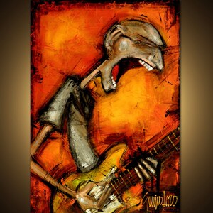 May include: A painting of a person with a distorted face singing into a microphone. The person is wearing a grey shirt and is holding a guitar. The background is a vibrant orange color.