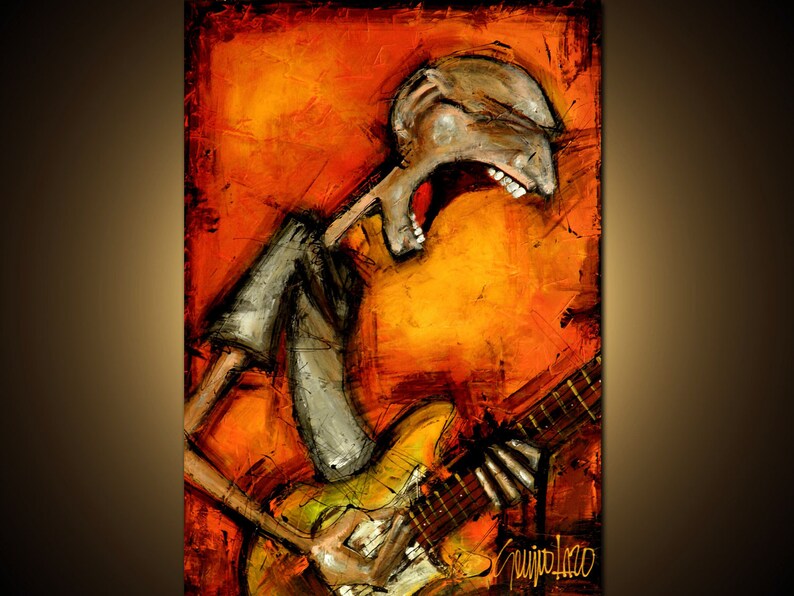 May include: A painting of a person with a distorted face singing into a microphone. The person is wearing a grey shirt and is holding a guitar. The background is a vibrant orange color.