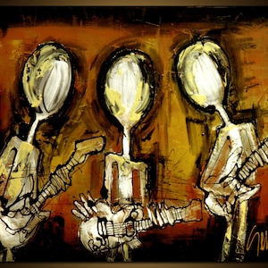 May include: Abstract painting of three figures playing guitars, with a brown, gold, and white colour scheme. The figures are stylised and have no facial features. The painting is signed "Genaro Leo" in the bottom right corner.