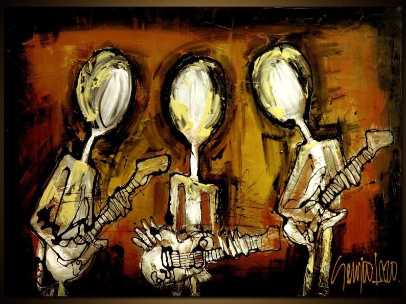 May include: Abstract painting of three figures playing guitars, with a brown, gold, and white colour scheme. The figures are stylised and have no facial features. The painting is signed "Genaro Leo" in the bottom right corner.